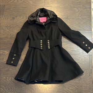 Betsey Johnson Black Trench Coat with Faux Fur Collar